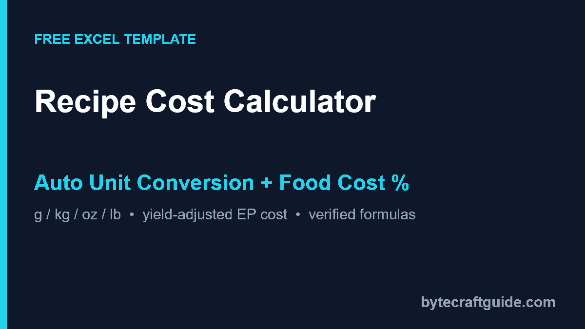 Free recipe cost calculator Excel template with automatic unit conversion and food cost percentage